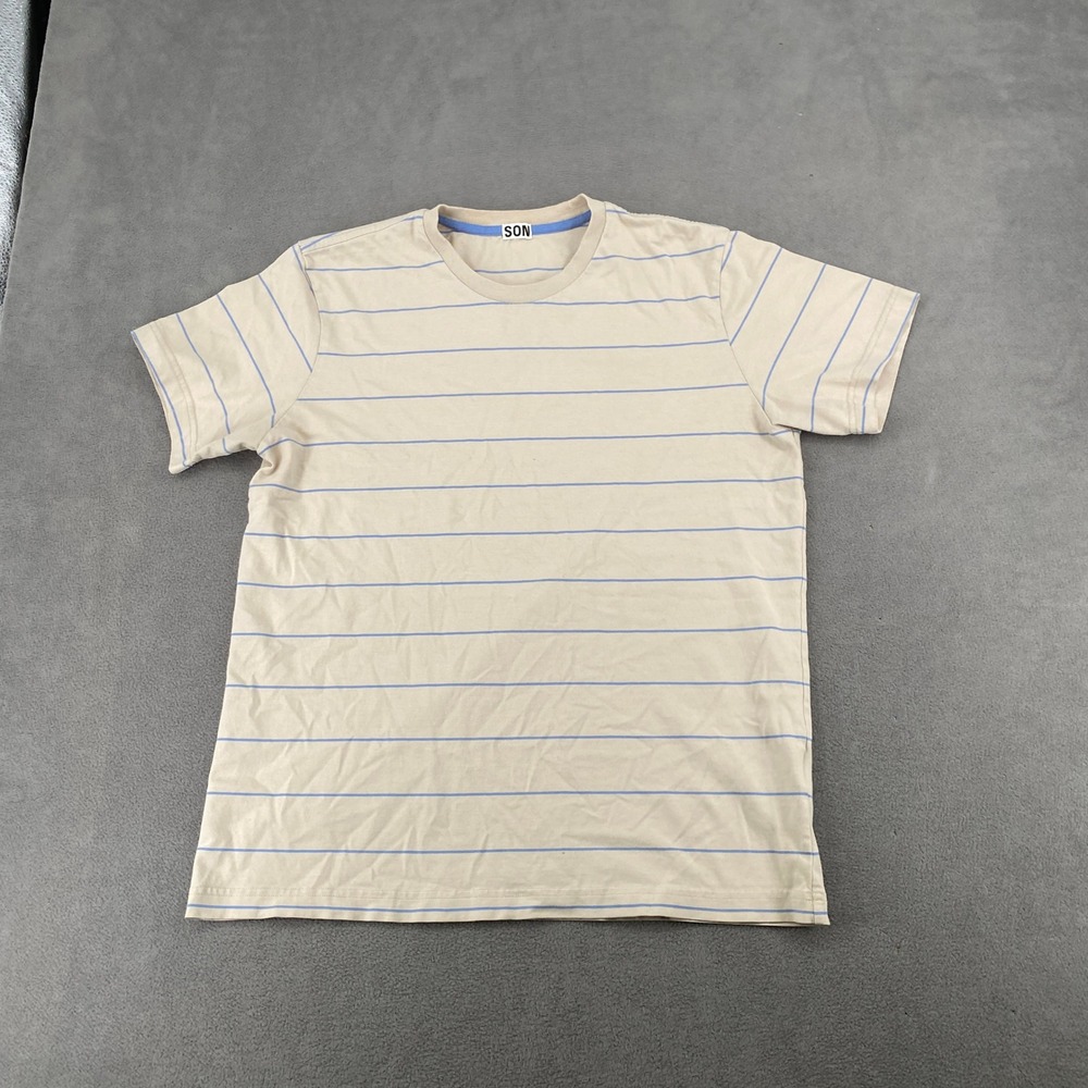 Son of a Tailor Mens Striped Short Sleeve T-Shirt Tan Blue Copenhagen Cotton